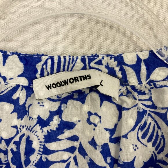 Woolworths Blue White Floral Tie Front Swiss Dot Textured Blouse Large Feminine - Picture 2 of 9